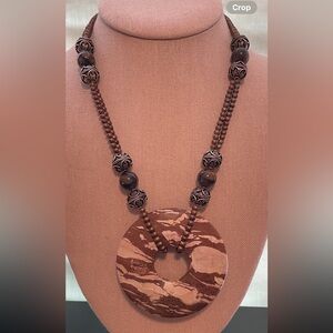 JRI necklace variegated agate brown silver pendant heavy 925 beaded artisan 20”